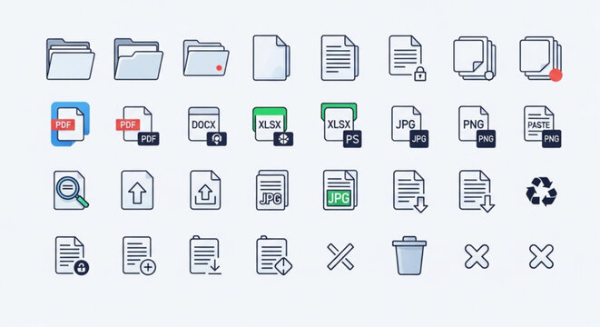 A set of file and document icons in a flat, minimal design style