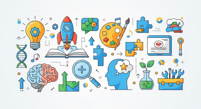 A colorful vector graphic illustration of various creative and educational icons