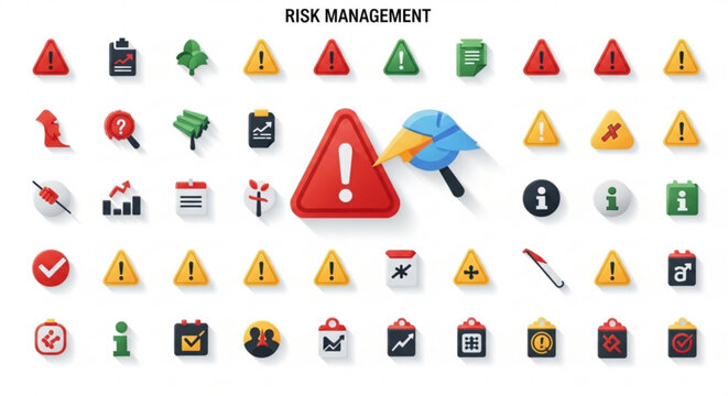 A collection of risk management icons and symbols in a vector graphic