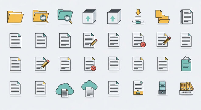 A collection of colorful file and document icons in a flat design style