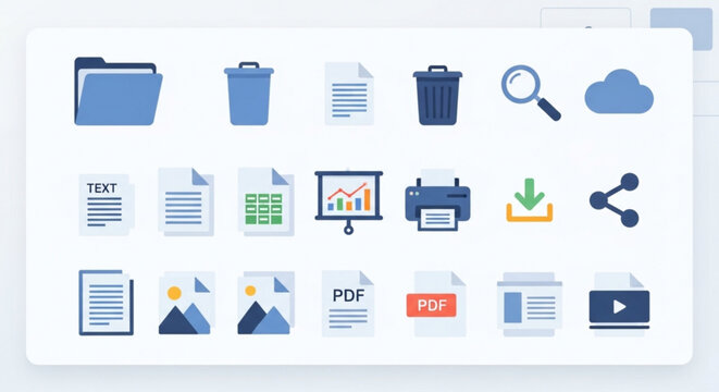 A collection of file and document icons in a flat design style