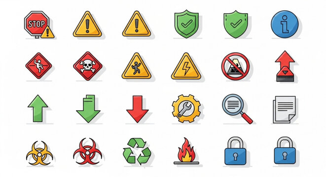 A set of colorful warning and safety icons in a flat design style