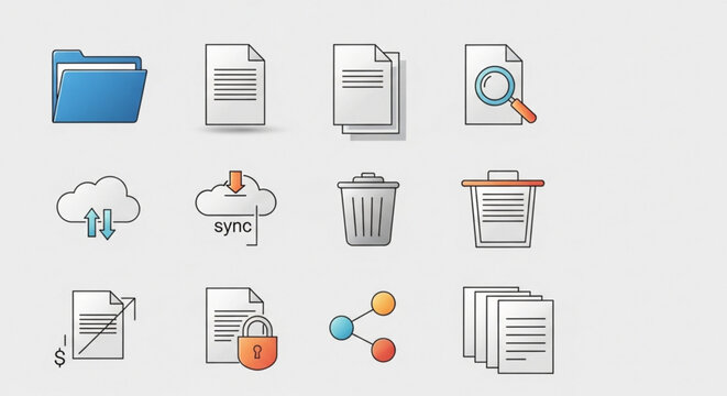 A set of flat design icons representing file management and organization