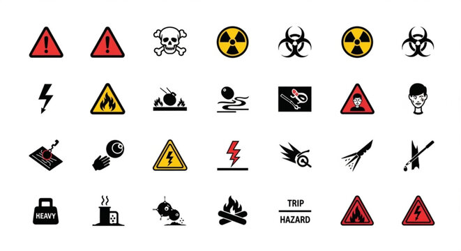 A collection of warning signs and hazard symbols in a flat vector graphic design