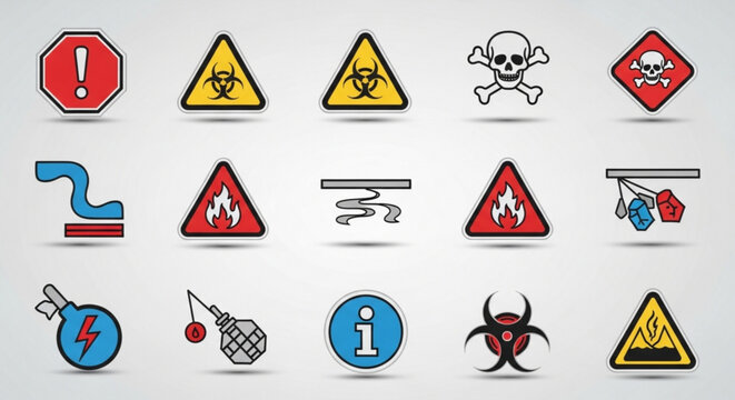 A set of warning signs and icons for safety and hazard alerts