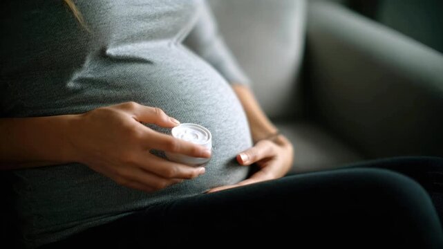A pregnant woman cares for her belly while sitting on a sofa in the living room. A close-up of her pregnant belly and hand holding body cream