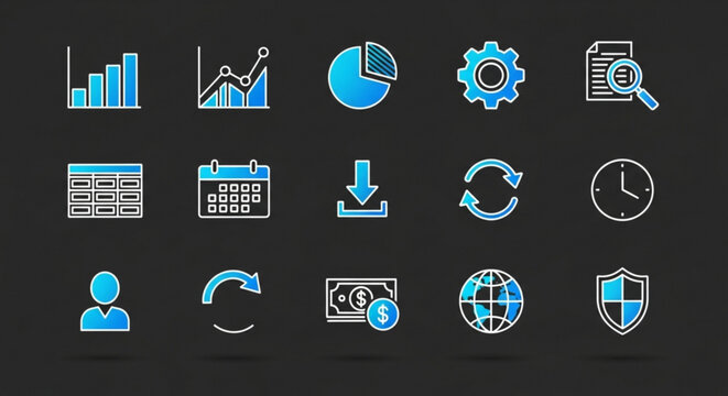 A set of blue and white business icons on a black background