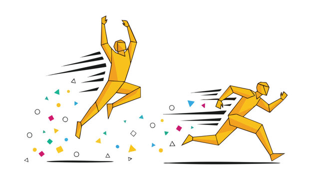 Golden Runner Crossing Finish Line. Geometric Athlete Silhouette. Speed Motion Abstract.