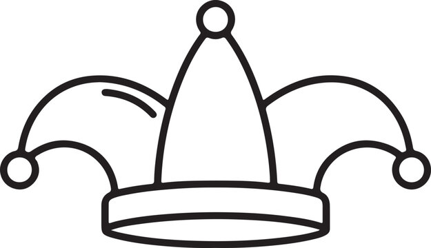 Jester hat line art vector, traditional clown cap, carnival costume accessory, funny joker headwear, black and white outline illustration for entertainment and celebration designs