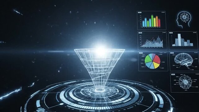 Data funnel visualization with charts and digital interface.