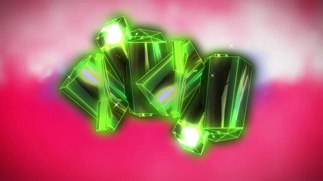 Digital animation of green glowing crystal shapes against pink background