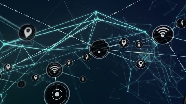 Animation of network of connections with icons over dark blue background