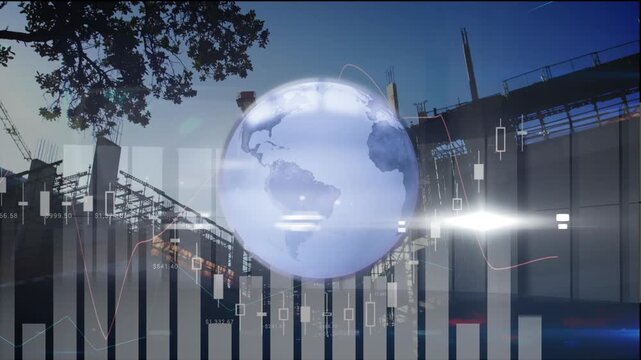 Animation of financial data and graphs over globe and construction site