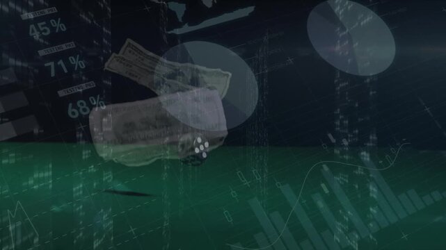 Animation of data processing over banknotes and dices