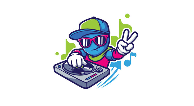 Cartoon character DJ wearing hat.