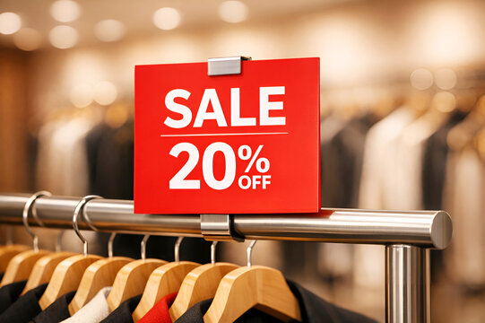 20% Off Sale Sign on Clothing Rack &ndash; Retail Store Promotion
