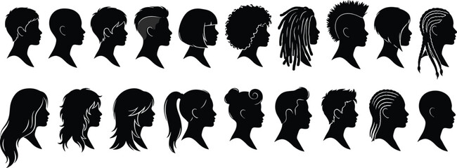 Set of twenty black vector silhouette side profile portraits featuring diverse modern male and female hairstyles isolated on white background for avatar graphic design © Sourav