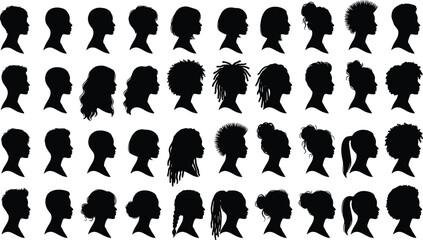 Set of forty black vector silhouette side profile portraits featuring diverse hairstyles and blue selection paths isolated on white background for graphic design editing © Sourav