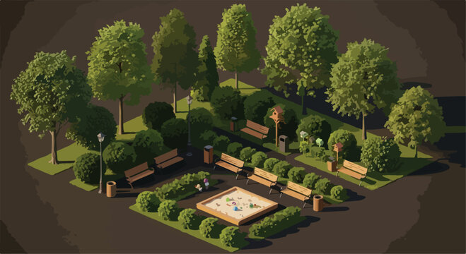 Isometric Park Playground Vector Illustration with Trees, Benches, and Sandpit