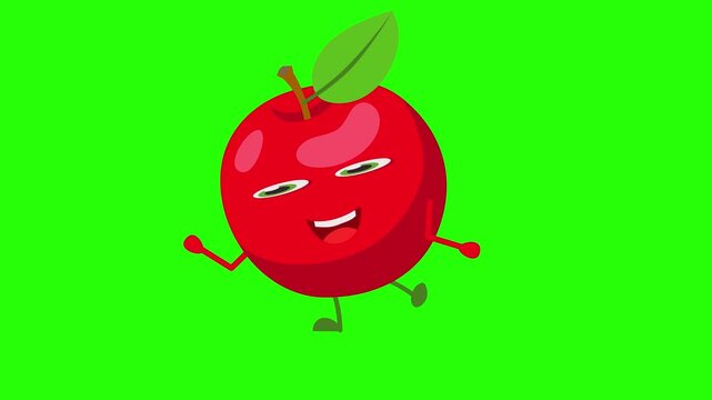 A cheerful, running red apple character 4k stock animation video on a green screen background for chroma key background for video editing.