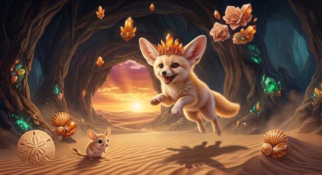 The Crystal Guardian: Joyful Fennec Fox Leaping Through a Magical Desert Cave at Sunset