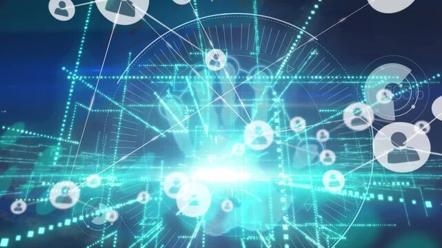 Animation of network of connections with icons over handprint and data processing
