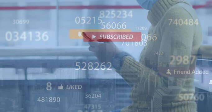 Social media counters and notifications over african american woman using cellphone and skyscrapers