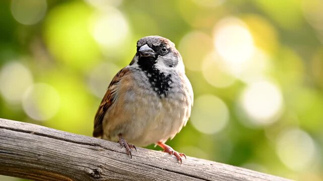 A house sparrow perches on a wooden branch, its brown and black plumage sharp against a soft green bokeh background