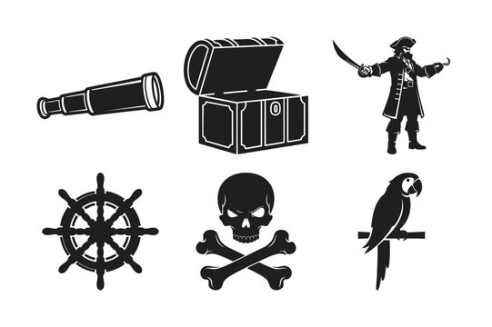 Pirate collection silhouette set bundle of nautical ocean elements.