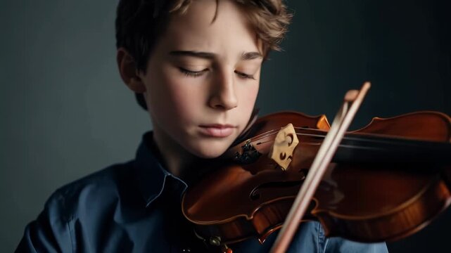 Young boy plays violin with eyes closed, focused on classical music practice