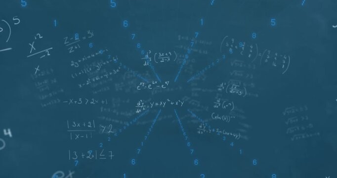Animation of numbers and math formulas on blue background