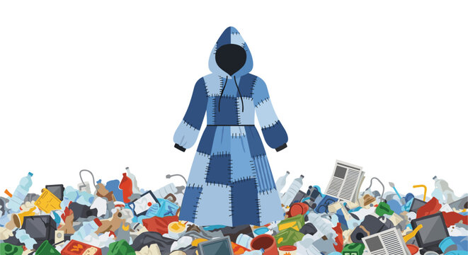A hooded, long-sleeved dress made from blue denim patches stands amidst a sprawling pile of mixed garbage and plastic waste.