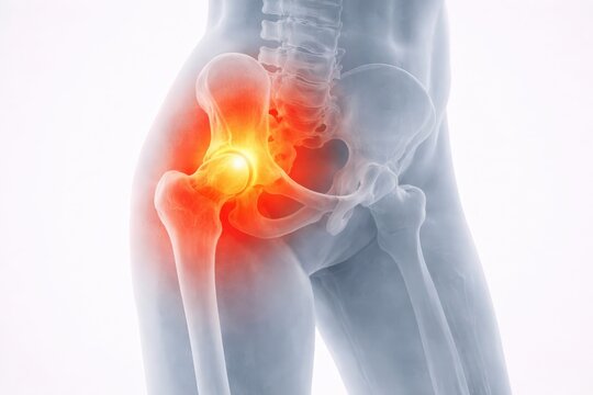 Visual Representation of Hip Joint Pain and Discomfort in a Human Body, Highlighting the Area of Inflammation and Potential Sources of Pain