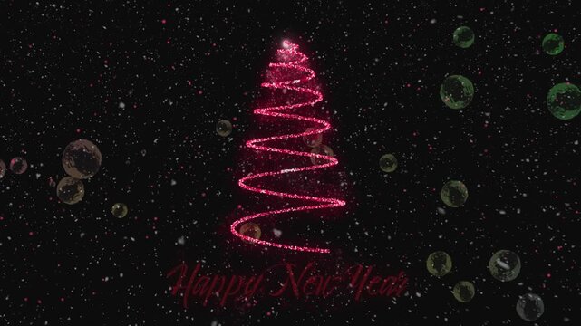 Animation of snow falling over christmas tree with happy new year text on black backrgound
