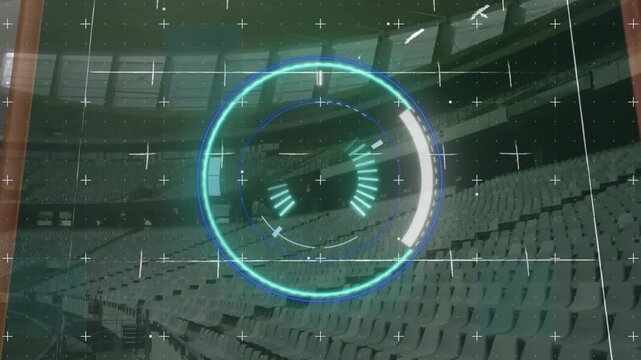 Animation of round scanner and data processing against empty sports stadium