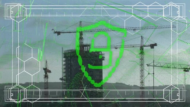 Animation of interface over security padlock icon and green light trails against construction site