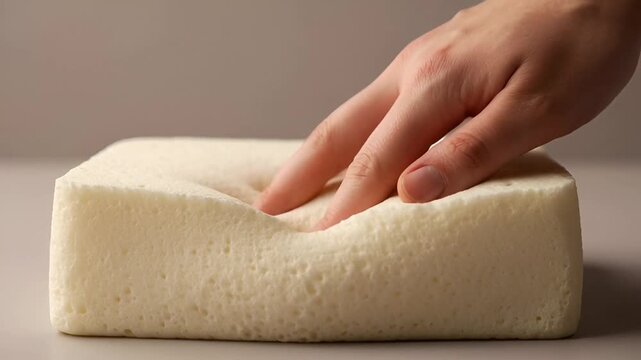 Hand Testing Memory Foam Block for Comfort and Support.