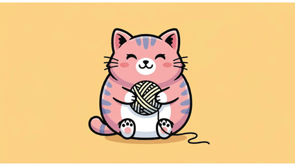 Fototapeta premium Cartoon Cat with Ball of Yarn.