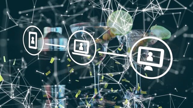 Animation of network of digital icons and golden confetti against ice falling into cocktail glasses