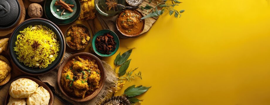 Overhead view of a vibrant Indian food spread with various curries and rice on a yellow background.