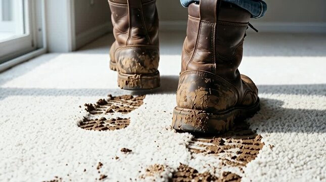 Botas seguridad ensuciando alfombra blanca con rastro barro