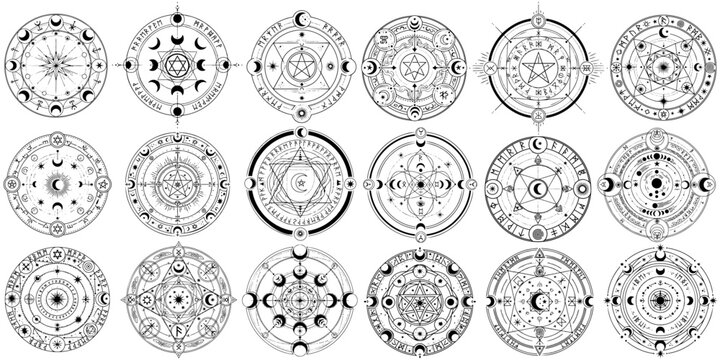 魔法陣と神秘シンボルの線画セット｜オカルト・セレスティアル幾何学デザイン