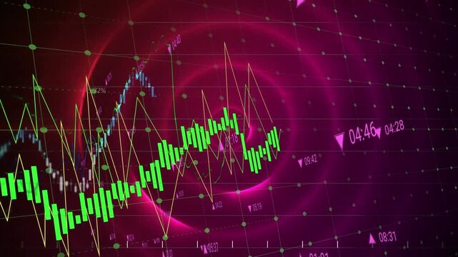 Animation of multiple graphs, increasing numbers and grid over illuminated purple circular pattern
