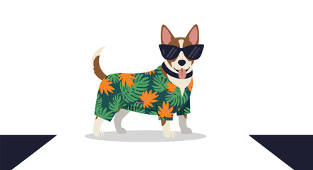 Obraz premium A brown and white dog wears dark sunglasses and a green Hawaiian shirt on a stylized white background.