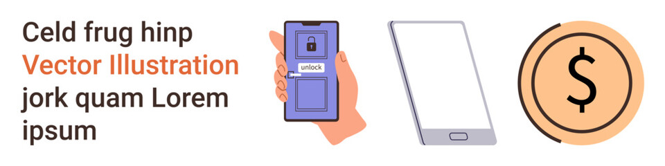 Digital security, mobile apps, online payments, finance technology, e-commerce, biometrics. A hand holds a phone with a fingerprint scanner, a blank phone and a dollar coin symbol. Digital security © robu_s