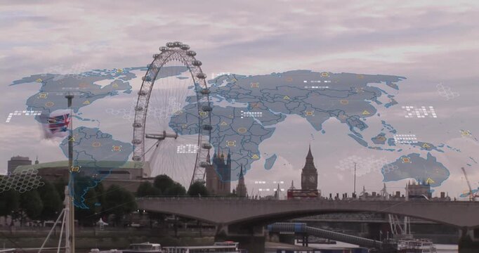 Animation of world map and data processing over london cityscape
