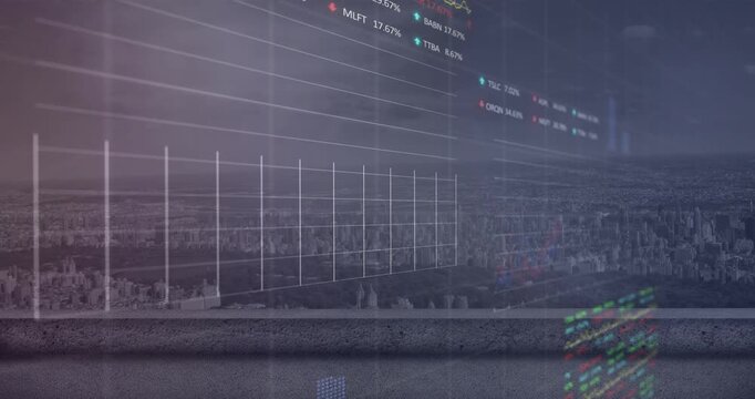 Animation of statistical and stock market data processing against aerial view of cityscape