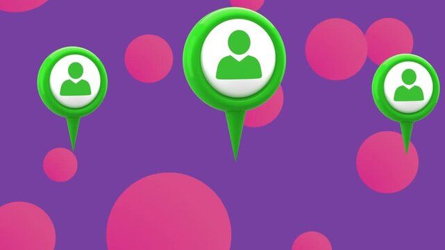 Animation of tags with icons over pink dots on purple background