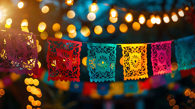 Night string lights with papel picado. Perfect for open-air dining social media covers, rooftop bar promos and Latin music ads.