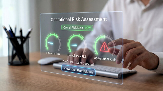 Businessman reviewing holographic operational risk assessment dashboard on desk